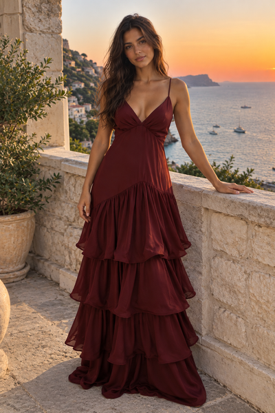 Chic V-Neck Sleeveless Satin A-Line Tiered Long Party Prom Dress