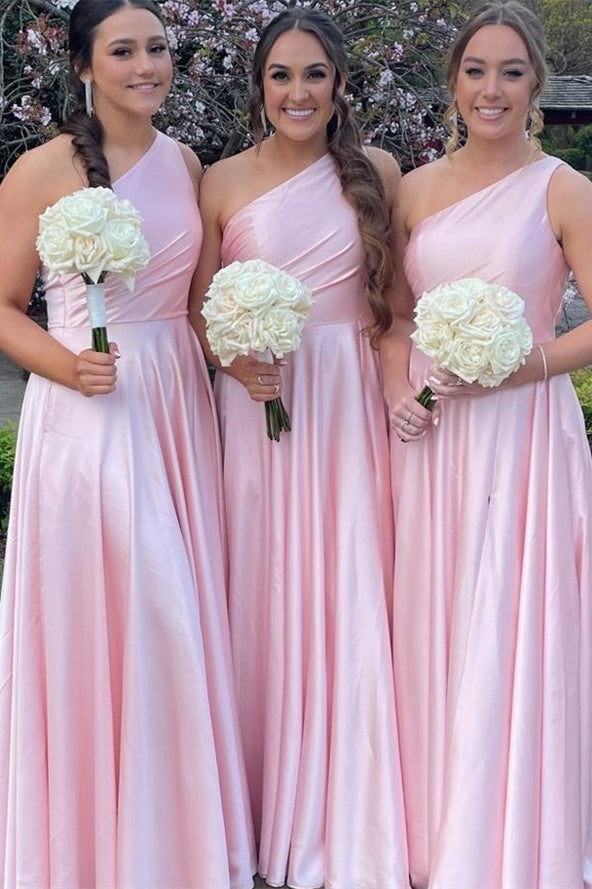 A-Line One Shoulder Champagne Slit Long Bridesmaid Dress