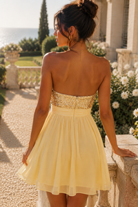 Cute Yellow A-Line Strapless Two Tone Mini Homecoming Dress