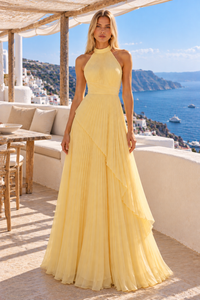 Yellow Chiffon A-Line High Neck Pleated Long Party Prom Dress