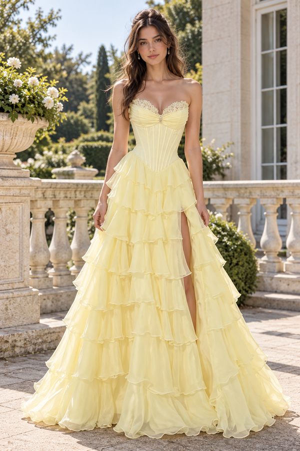 Modest A-Line Sweetheart Strapless Tiered Split Party Prom Dress