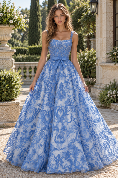 Square Neck Blue Lace Applique A-Line Prom Dress