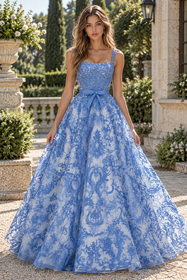 Square Neck Blue Lace Applique A-Line Prom Dress