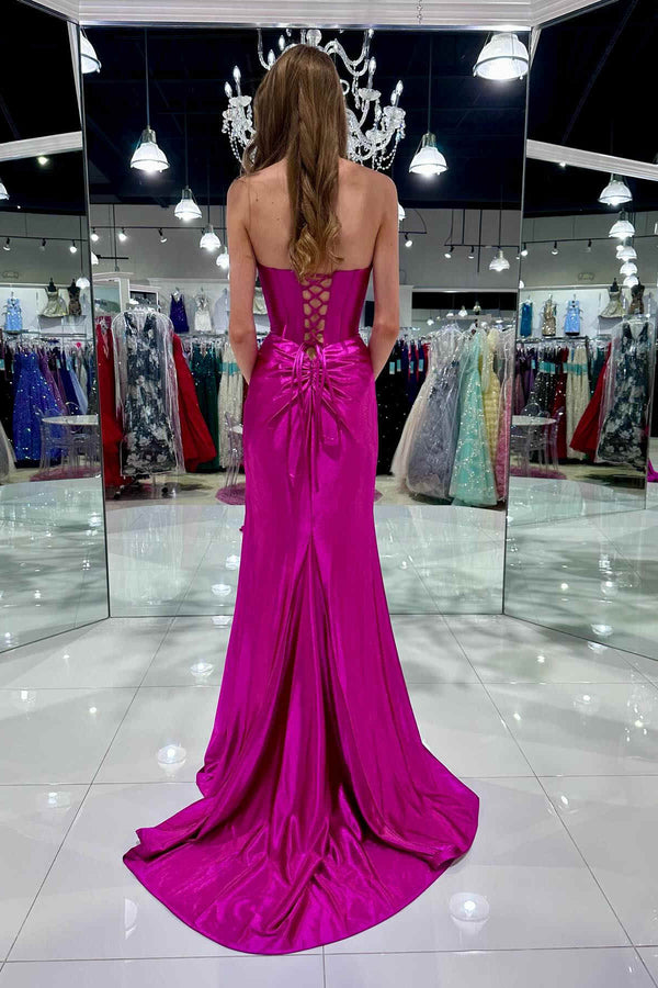 Red Strapless Ruched Mermaid Long Formal Dress with Slit