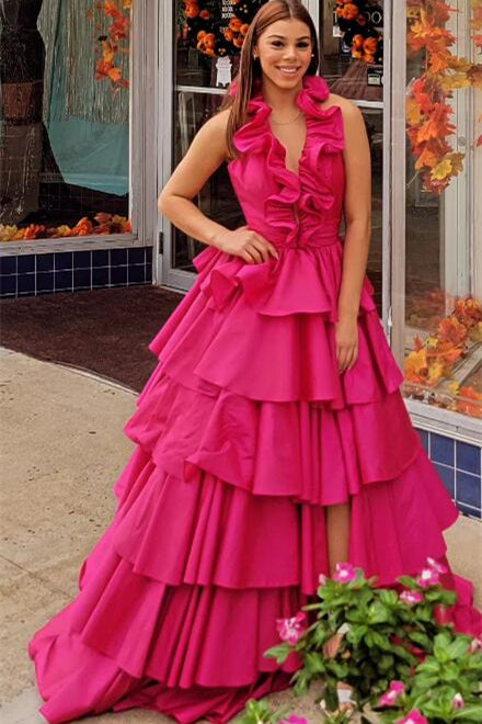 Halter Red Ruffle Tiered A-Line Prom Dress