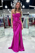 Red Strapless Ruched Mermaid Long Formal Dress with Slit