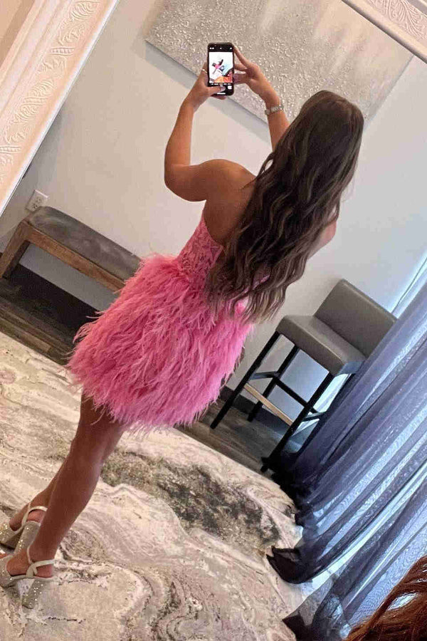 Sweetheart Feather Skirt Hot Pink Tight Homecoming Dress