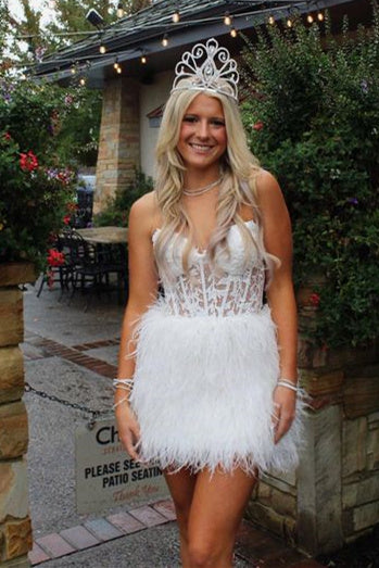 Sweetheart Feather Skirt Hot Pink Tight Homecoming Dress
