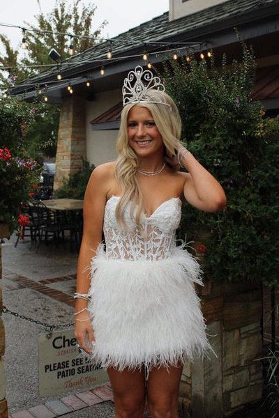 Sweetheart Feather Skirt Hot Pink Tight Homecoming Dress
