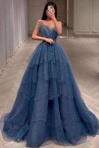 A-Line Princess Dusty Blue Beaded Long Formal Dress