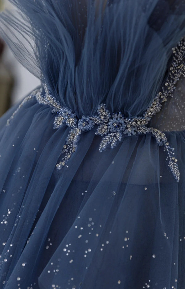 A-Line Princess Dusty Blue Beaded Long Formal Dress