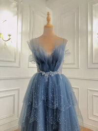 A-Line Princess Dusty Blue Beaded Long Formal Dress