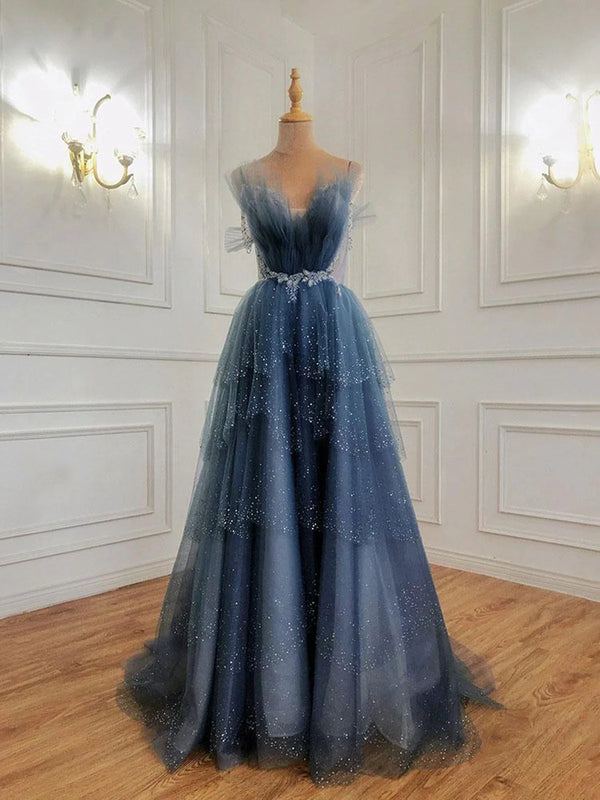 A-Line Princess Dusty Blue Beaded Long Formal Dress