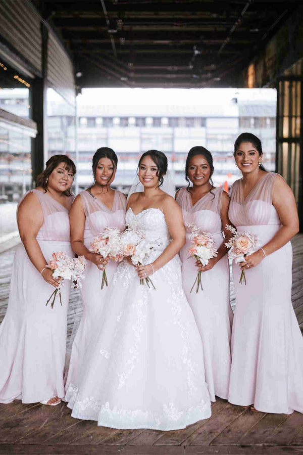 Custom Order Tulle V-Neck White Mermaid Long Bridesmaid Dress