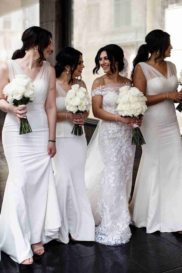 Custom Order Tulle V-Neck White Mermaid Long Bridesmaid Dress