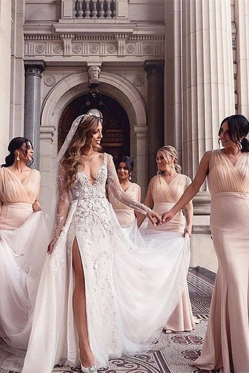 Custom Order Tulle V-Neck White Mermaid Long Bridesmaid Dress