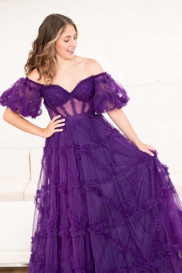 Princess Off-Shoulder Light Blue Ruffle Long Prom Dress with Balloon Sleeves
