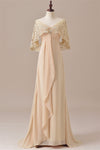 Blush Pink Lace Draped Sleeves Ruffle Long Mother of the Bride Dress