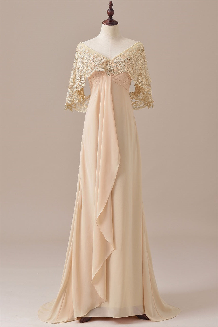 V-Neck Lace Draped Sleeves Ruffle Long Mother of the Bride Dress FancyVestido V-Neck Lace Draped Sleeves Ruffle Long Mother of the Bride Dress FancyVestido