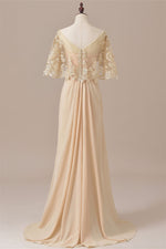 Blush Pink Lace Draped Sleeves Ruffle Long Mother of the Bride Dress