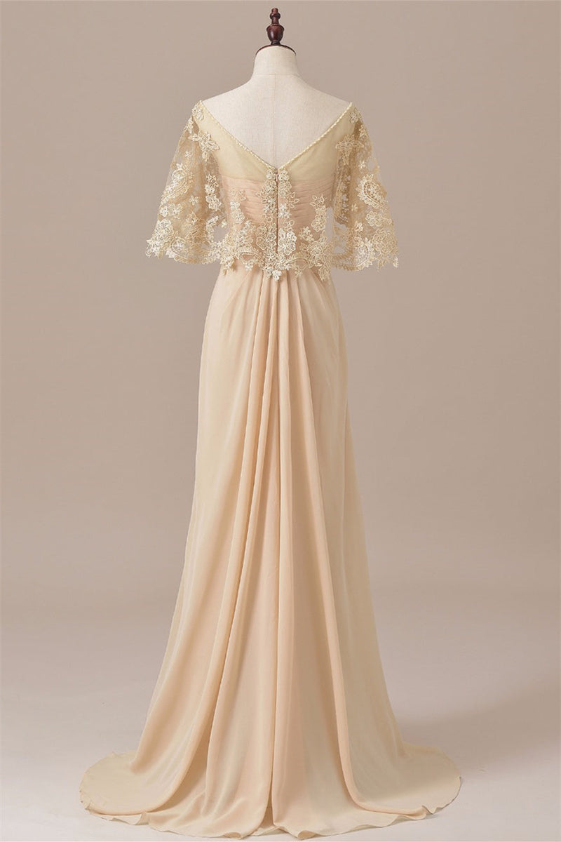 Blush Pink Lace Draped Sleeves Ruffle Long Mother of the Bride Dress