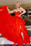 Red Strapless Sweetheart Sequins Top Multi-Layers Long Prom Dress
