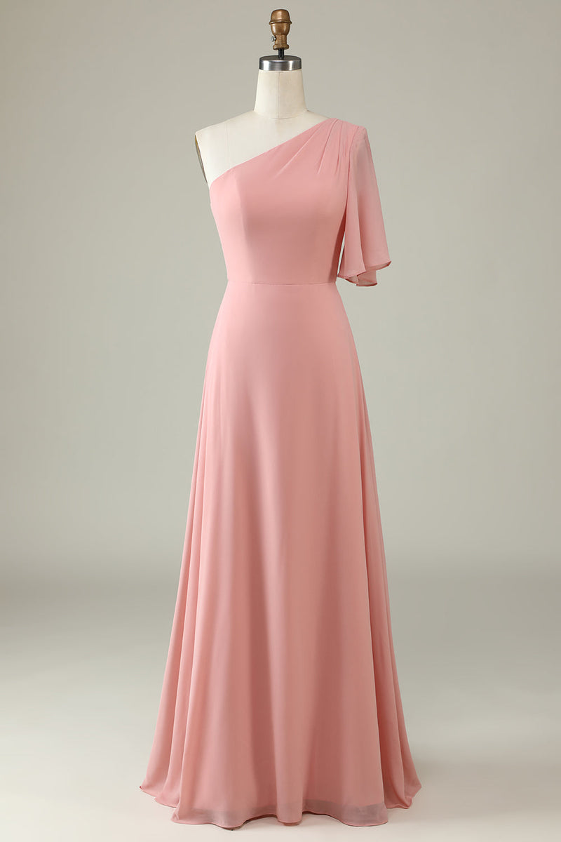 One Shoulder Long Chiffon Bridesmaid Gown Blue main image 1