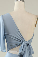 Dusty Blue One Shoulder A-line Chiffon Pleated Floor Length Junior Bridesmaid Dress