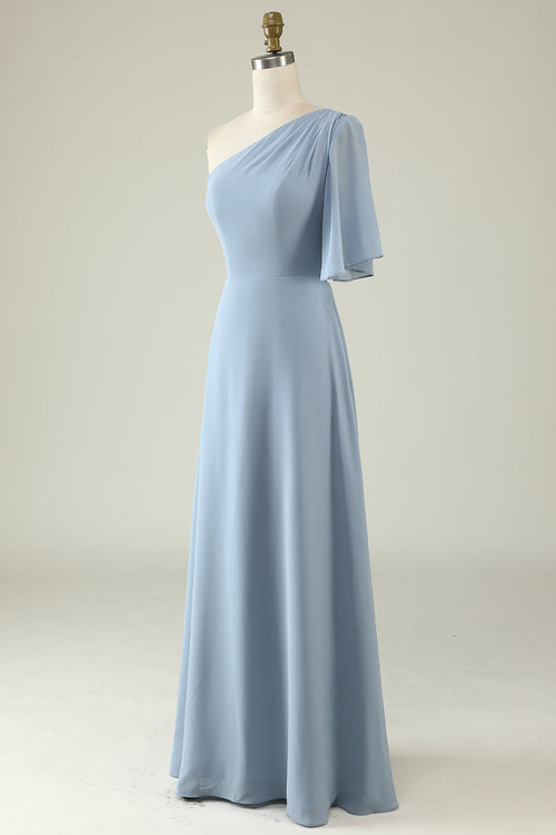 Dusty Blue One-Shoulder Chiffon Bridesmaid Dress