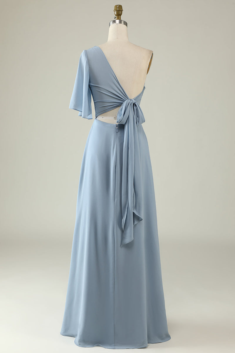One Shoulder Chiffon and Lace Junior Bridesmaid Dresses Dusty Blue