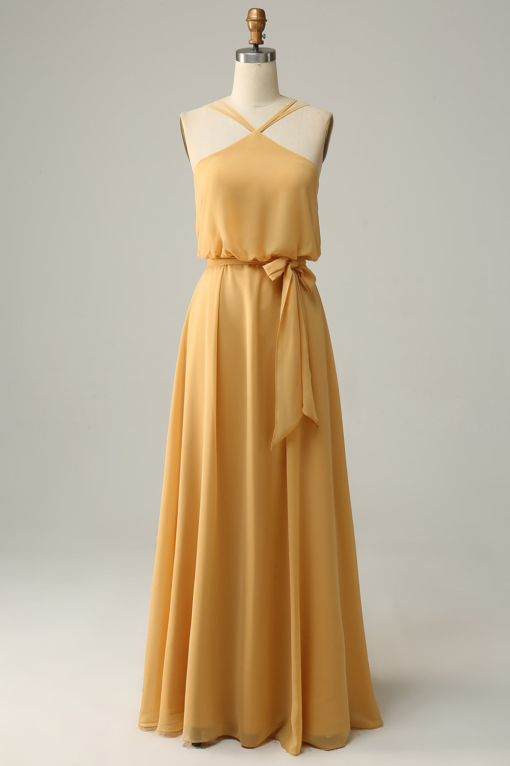 Chiffon Yellow Halter Long Bridesmaid Dress with Belt FancyVestido Chiffon Yellow Halter Long Bridesmaid Dress with Belt FancyVestido