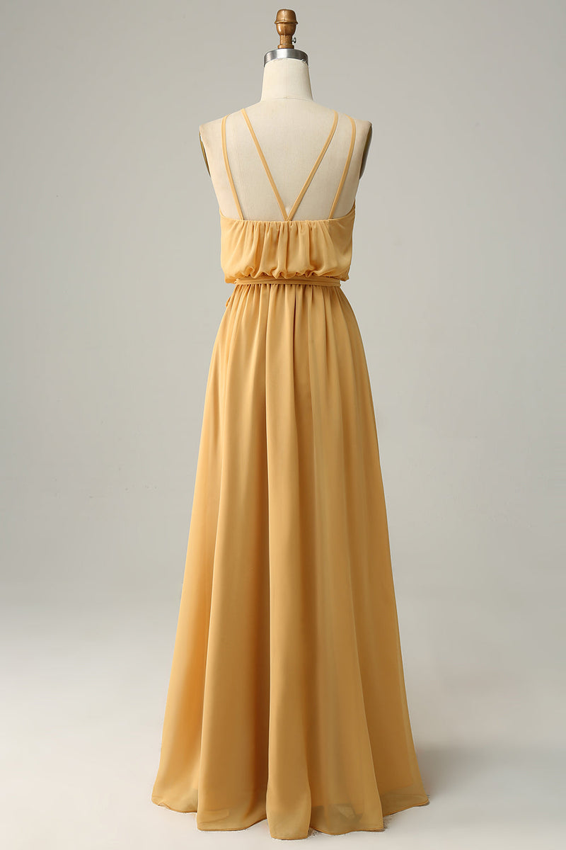 Chiffon Yellow Halter Long Bridesmaid Dress with Belt