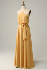 Chiffon Yellow Halter Long Bridesmaid Dress with Belt