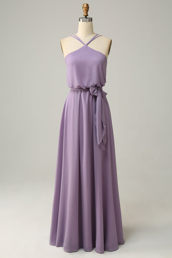 Chiffon Yellow Halter Long Bridesmaid Dress with Belt
