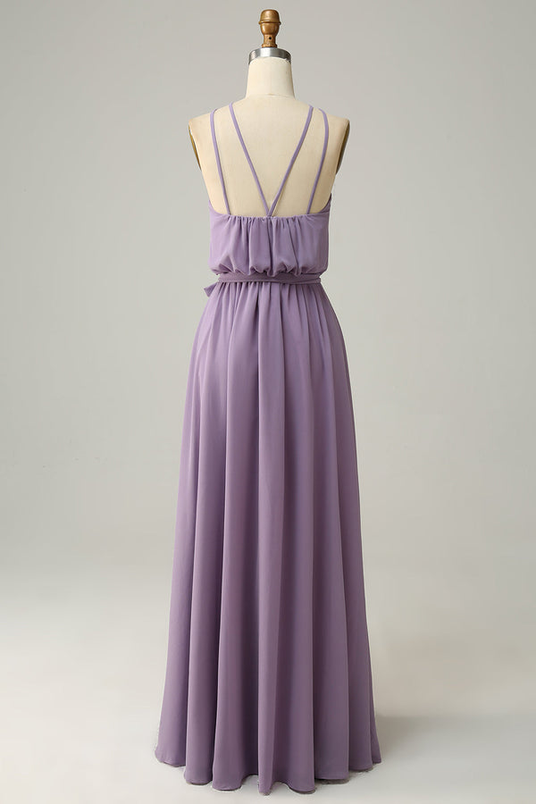 Chiffon Yellow Halter Long Bridesmaid Dress with Belt