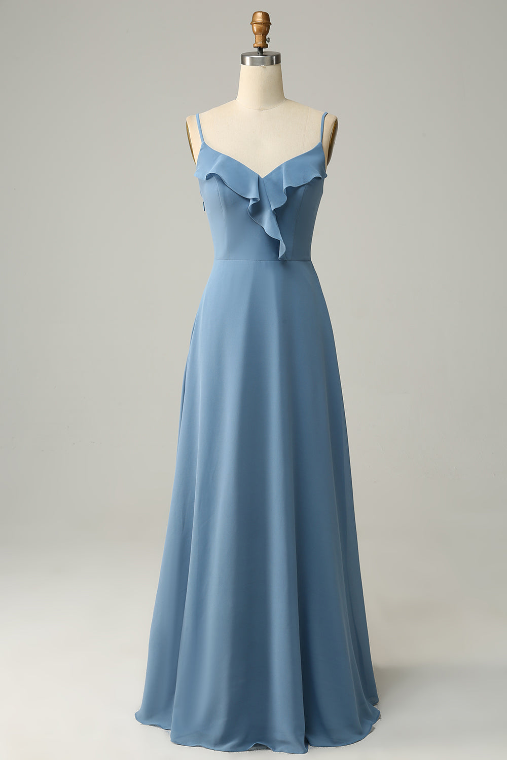 Strap Dusty Blue Ruffle A-Line Bridesmaid Dress FancyVestido Strap Dusty Blue Ruffle A-Line Bridesmaid Dress FancyVestido