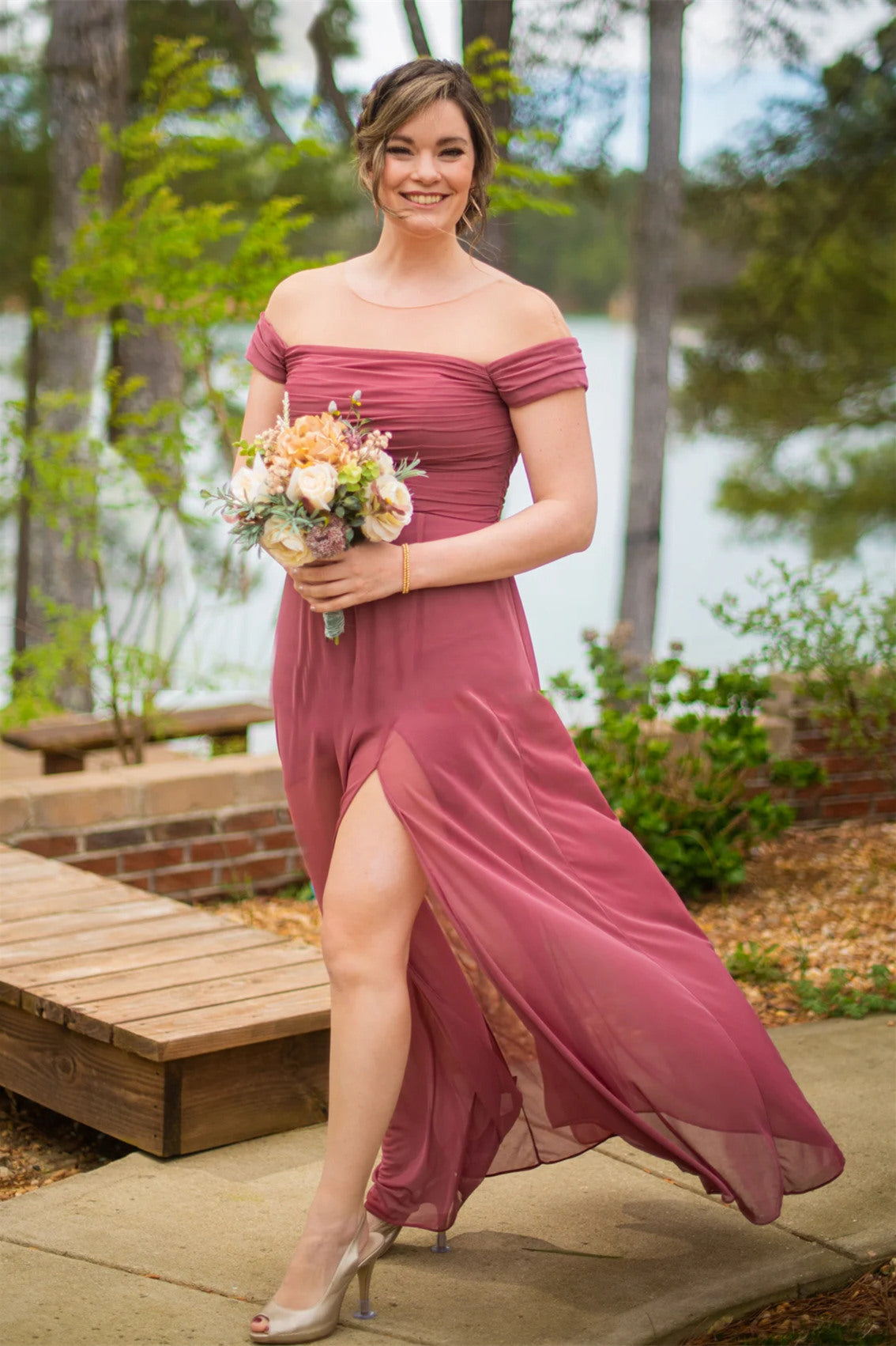 Chiffon Off the Shoulder Dusty Rose Pleated Bridesmaid Dress FancyVestido Chiffon Off the Shoulder Dusty Rose Pleated Bridesmaid Dress FancyVestido