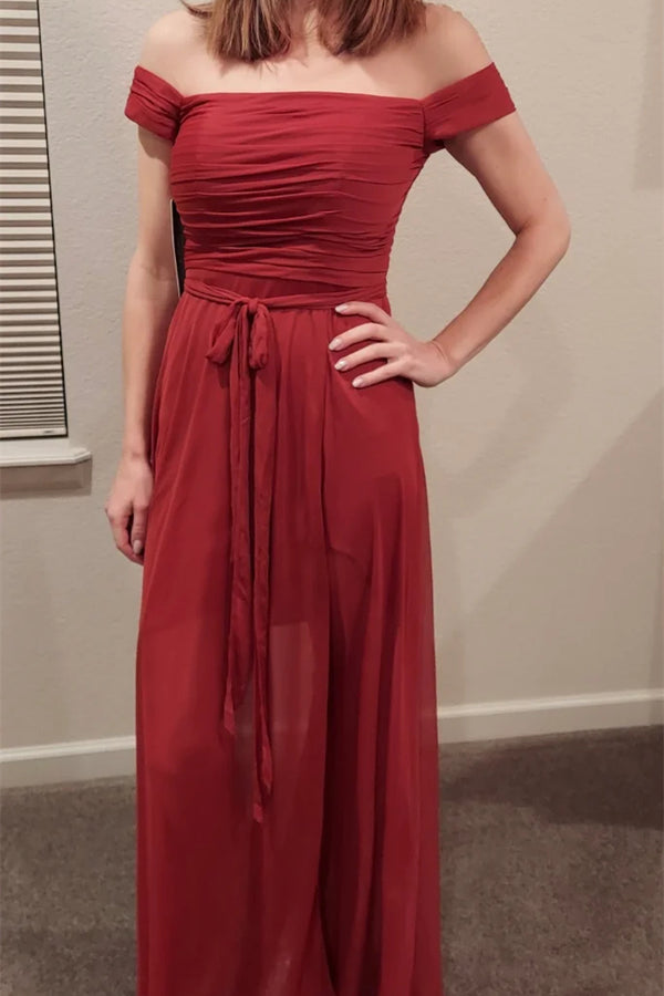Chiffon Off the Shoulder Dusty Rose Pleated Bridesmaid Dress