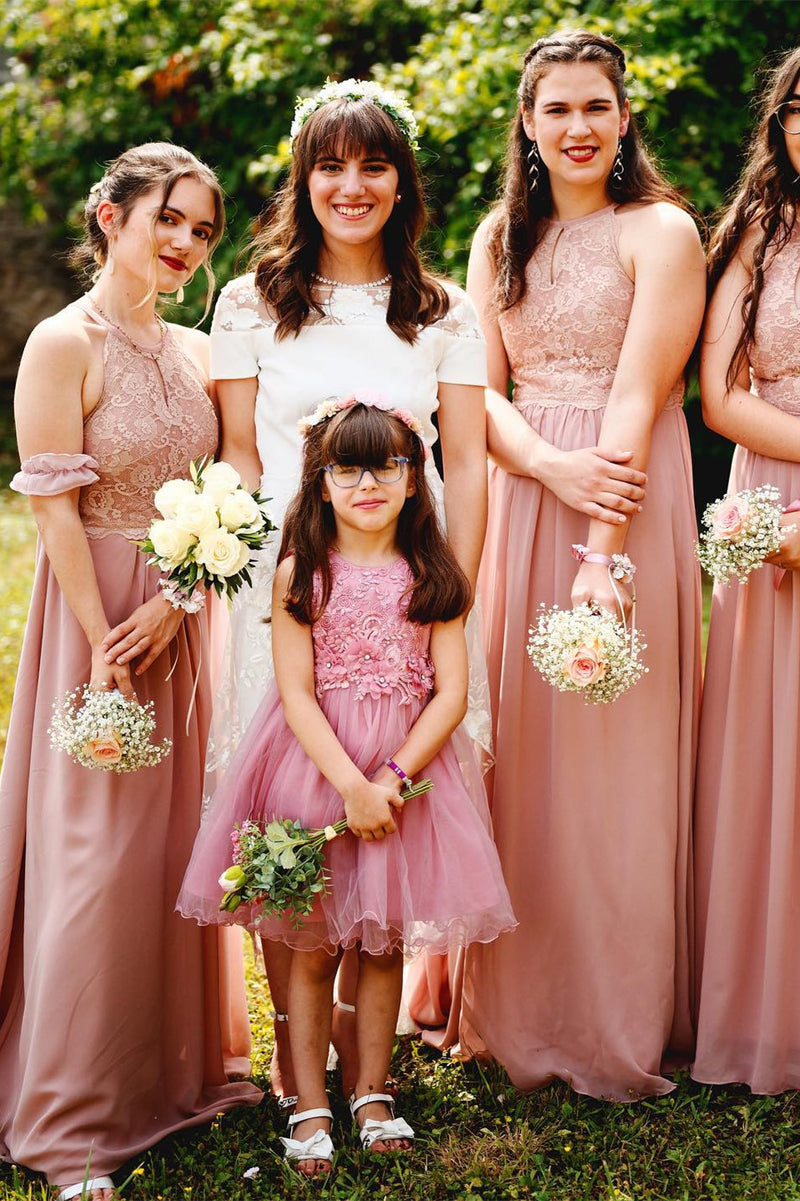 Halter Blush Pink Lace Top Long Bridesmaid Dress