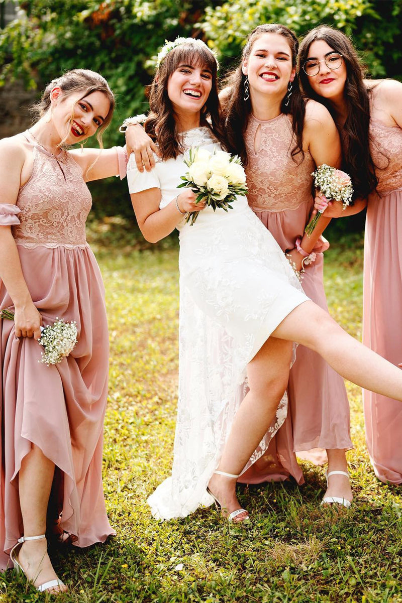 Halter Blush Pink Lace Top Long Bridesmaid Dress