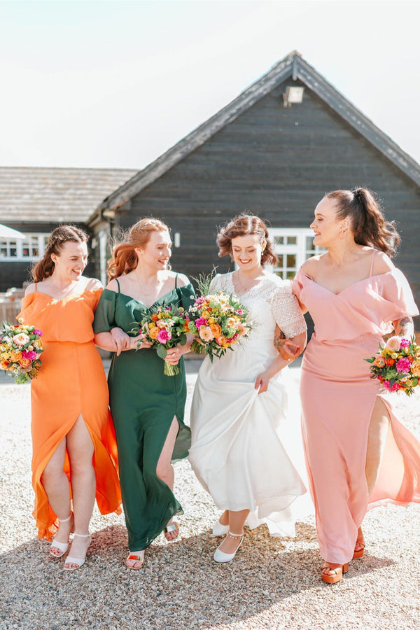 V-Neck Cold Shoulder Chiffon Long Bridesmaid Dress