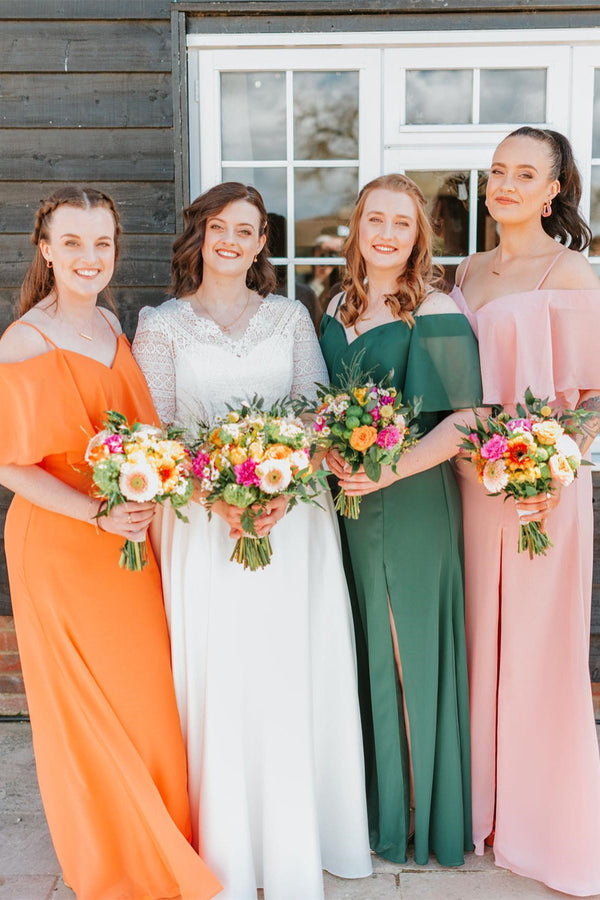 V-Neck Cold Shoulder Chiffon Long Bridesmaid Dress