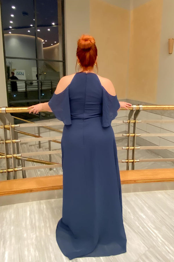 Off the Shoulder Navy Blue Keyhole Chiffon Bridesmaid Dress