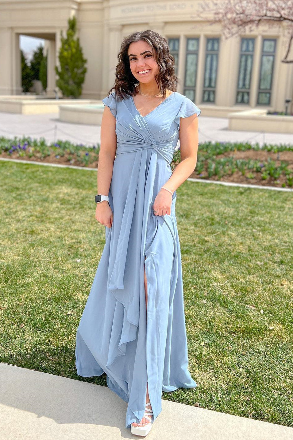 Dusty Blue V-Neck Pleated Chiffon Bridesmaid Dress FancyVestido Dusty Blue V-Neck Pleated Chiffon Bridesmaid Dress FancyVestido