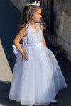 Crew Neck White Appliques Flower Girl Dress with Bow