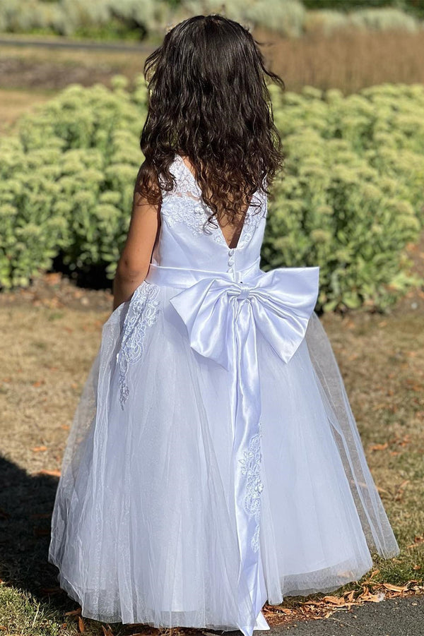Crew Neck White Appliques Flower Girl Dress with Bow
