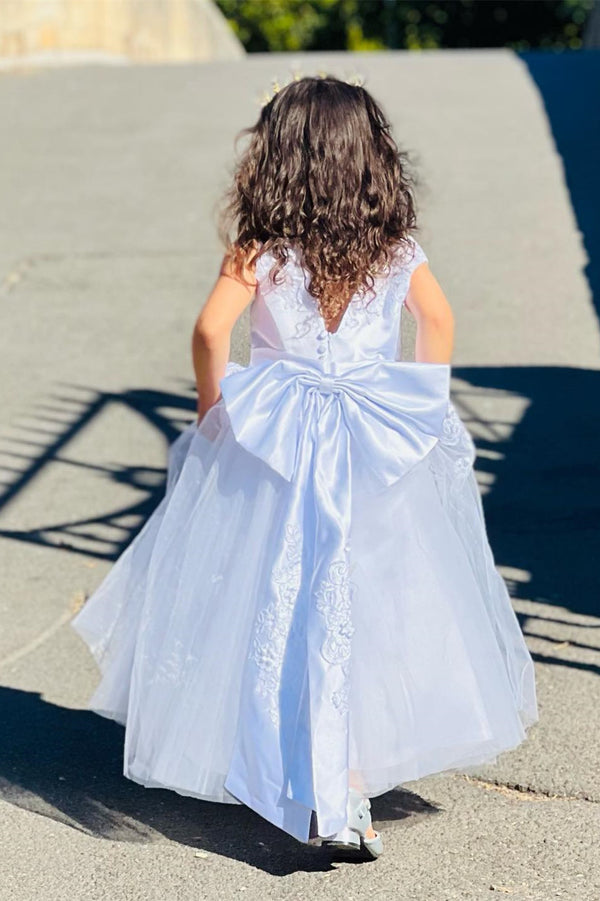 Crew Neck White Appliques Flower Girl Dress with Bow