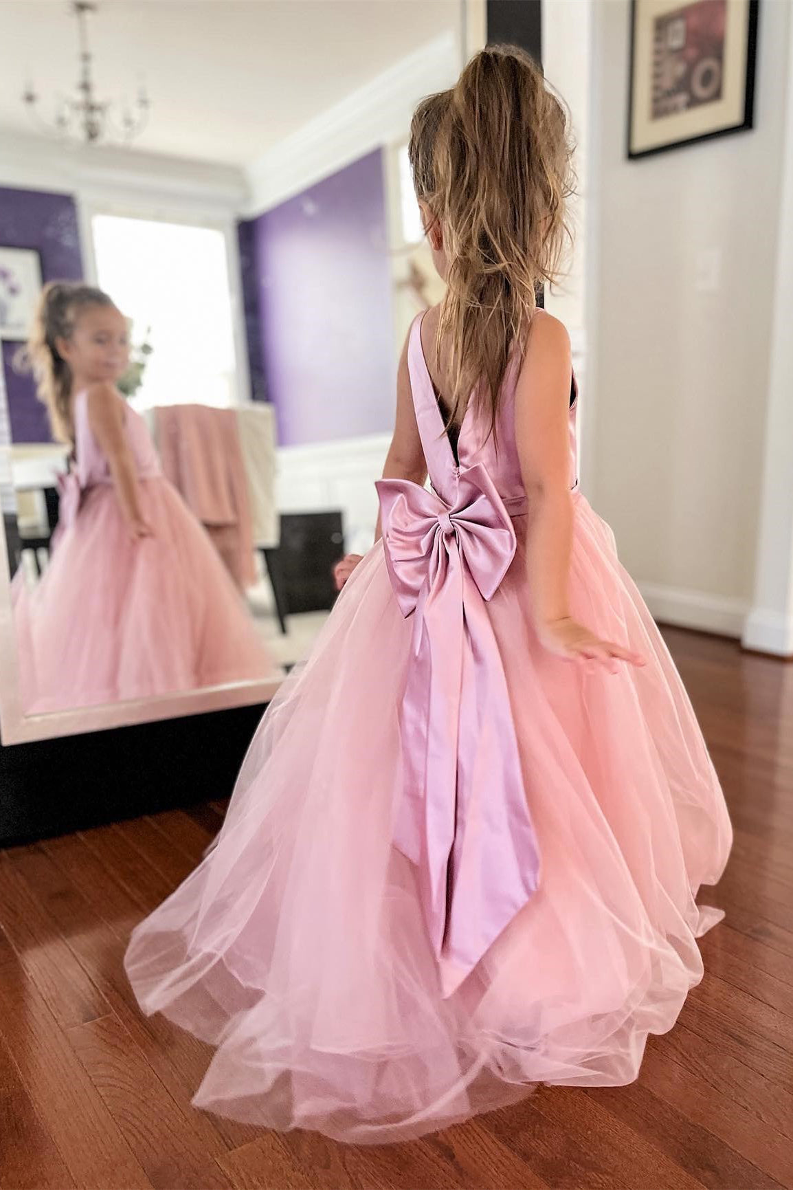 V-Neck Dusty Rose Floor Length Flower Girl Dress FancyVestido V-Neck Dusty Rose Floor Length Flower Girl Dress FancyVestido