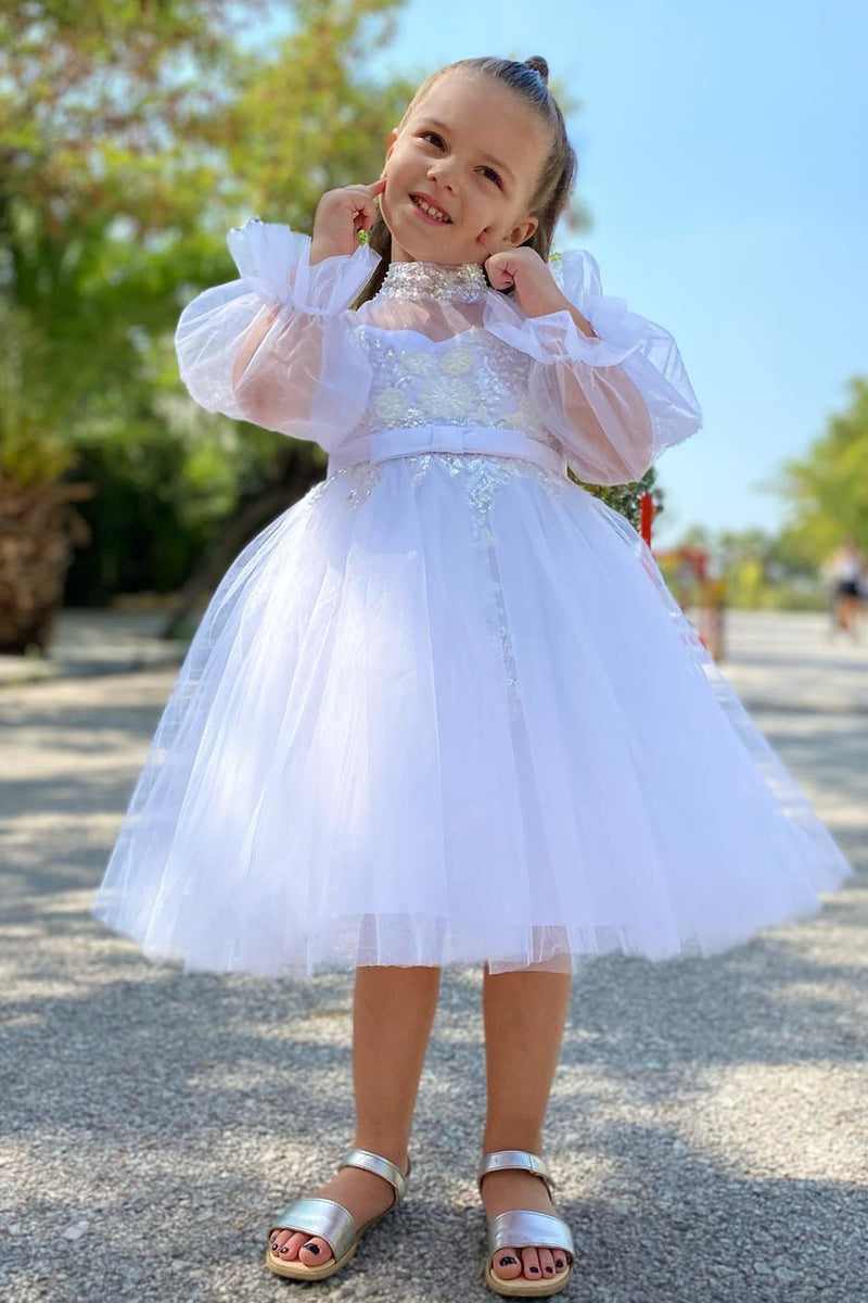 Princess High Neck White Flower Girl Dress with Puff Sleeves