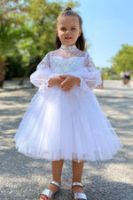 Princess High Neck White Flower Girl Dress with Puff Sleeves